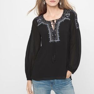 White House Black Market Black Embroidered Peasant Blouse